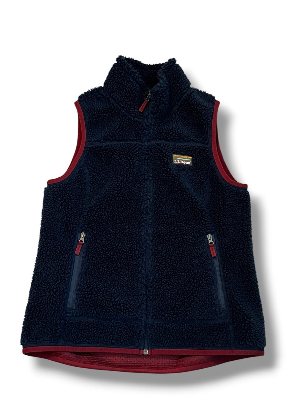 LL Bean Mountain Pile Sherpa Fleece Vest Womens Medium Navy Full Zip Pockets